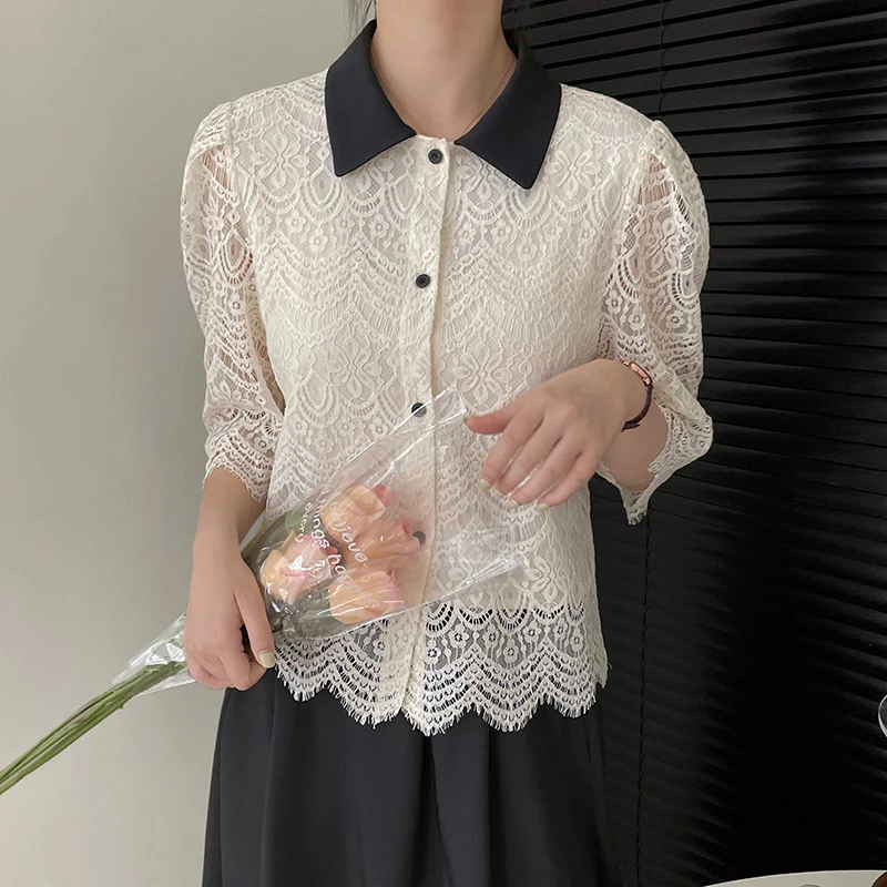 

Summer Button Up Shirt Loose Sweet Elegant Contrast Color Hollow Out Casual Shirts Women Three Quarter Sleeve Lace Blouses Tops