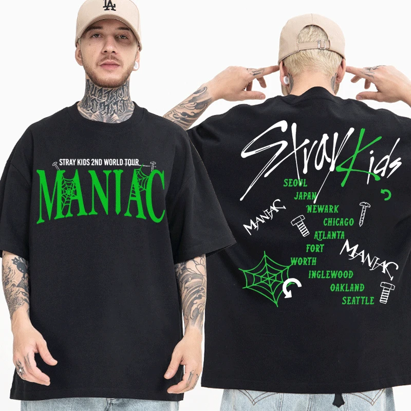 

Korean Stray Kids Maniac 2nd World Concert Tour Print T-shirt for Men Women Kpop Short Sleeve Tshirts Harajuku Streetwear Tops