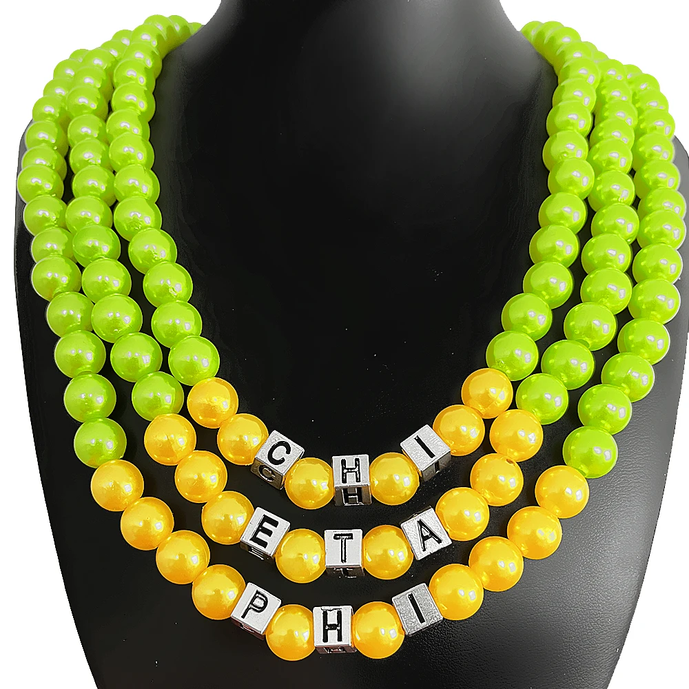 

Fashion Greek letter sorority CHI ETA PHI green yellow multi-layer imitation pearl necklace