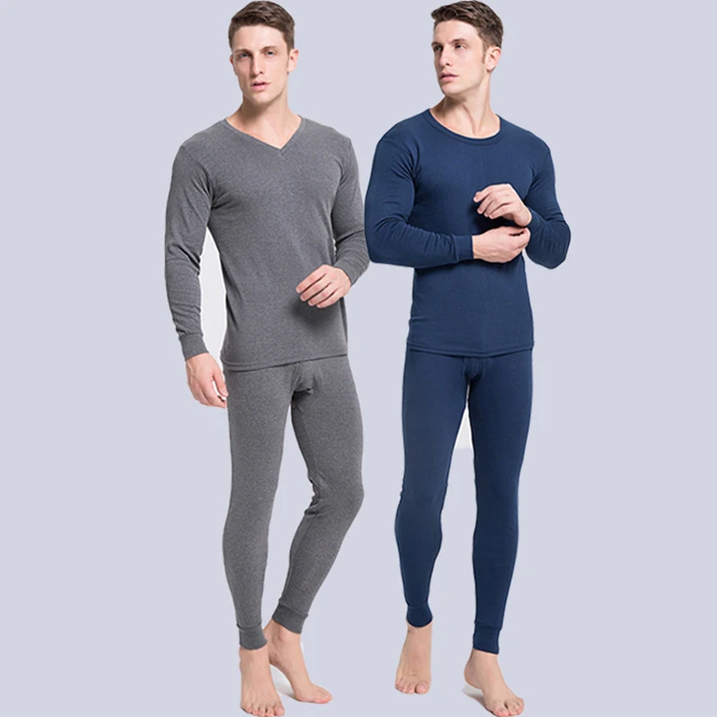 Men Thermal Underwear Set 100%Cotton Long Johns Autumn Winter Thermal Long Sleeve Tops+Pants 2Pcs Keep Warm Thermo Clothing Suit