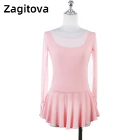 figure skating costume dress ice skating skirt for girl women kids competition light pink long sleeve hollow out netting