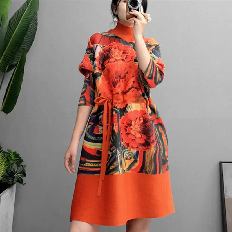 

Женское плиссированное платье, свободное ТРАПЕЦИЕВИДНОЕ ПЛАТЬЕ средней длины в этническом стиле с принтом, на шнуровке, большие размеры, ве...