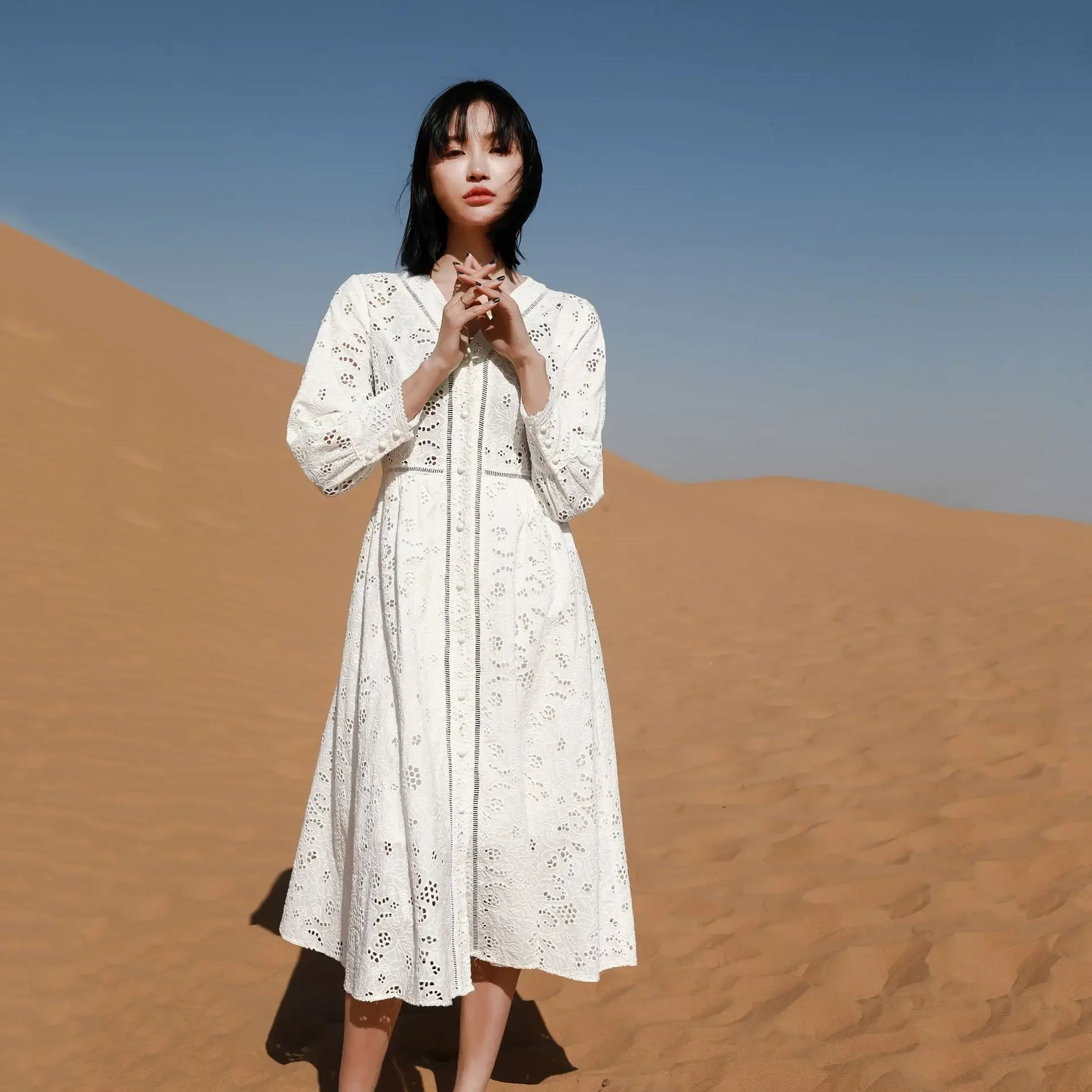 GypsyLady цветочное вязаное крючком сказочное платье миди белое хлопковое