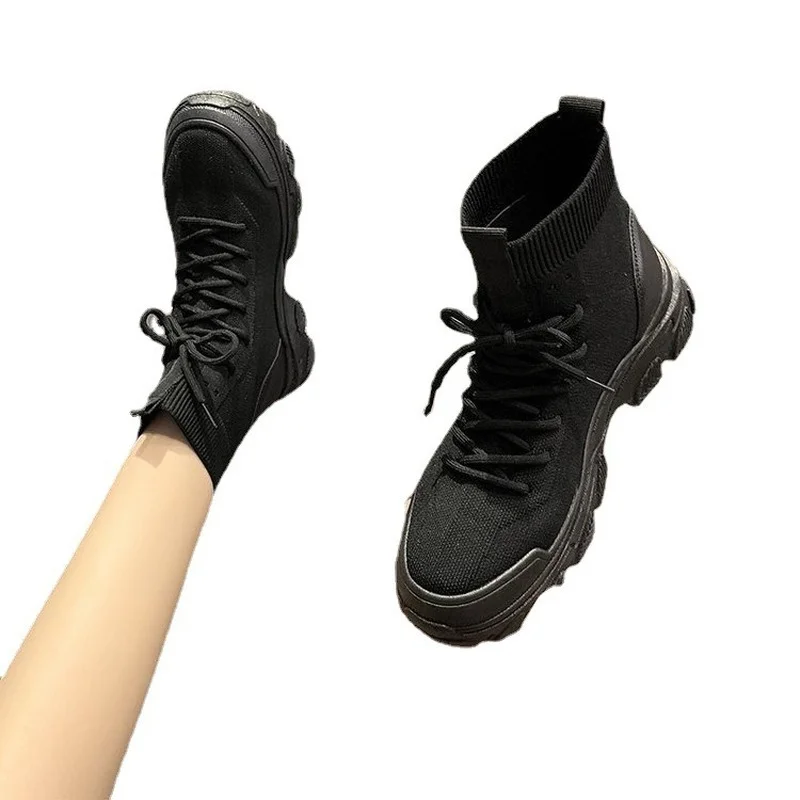 Women's Shoes Fashion Handsome Lace-Up Breathable Black Platform Boots Heightening Non-Slip Waterproof Soft Boots Botas Mujer