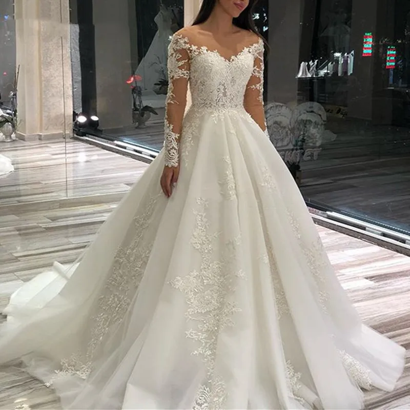 

Elegant Ball Gown Lace Applique Wedding Dress 2023 Long Sleeve Sexy Backless Wedding Gown Scoop Neck Robe