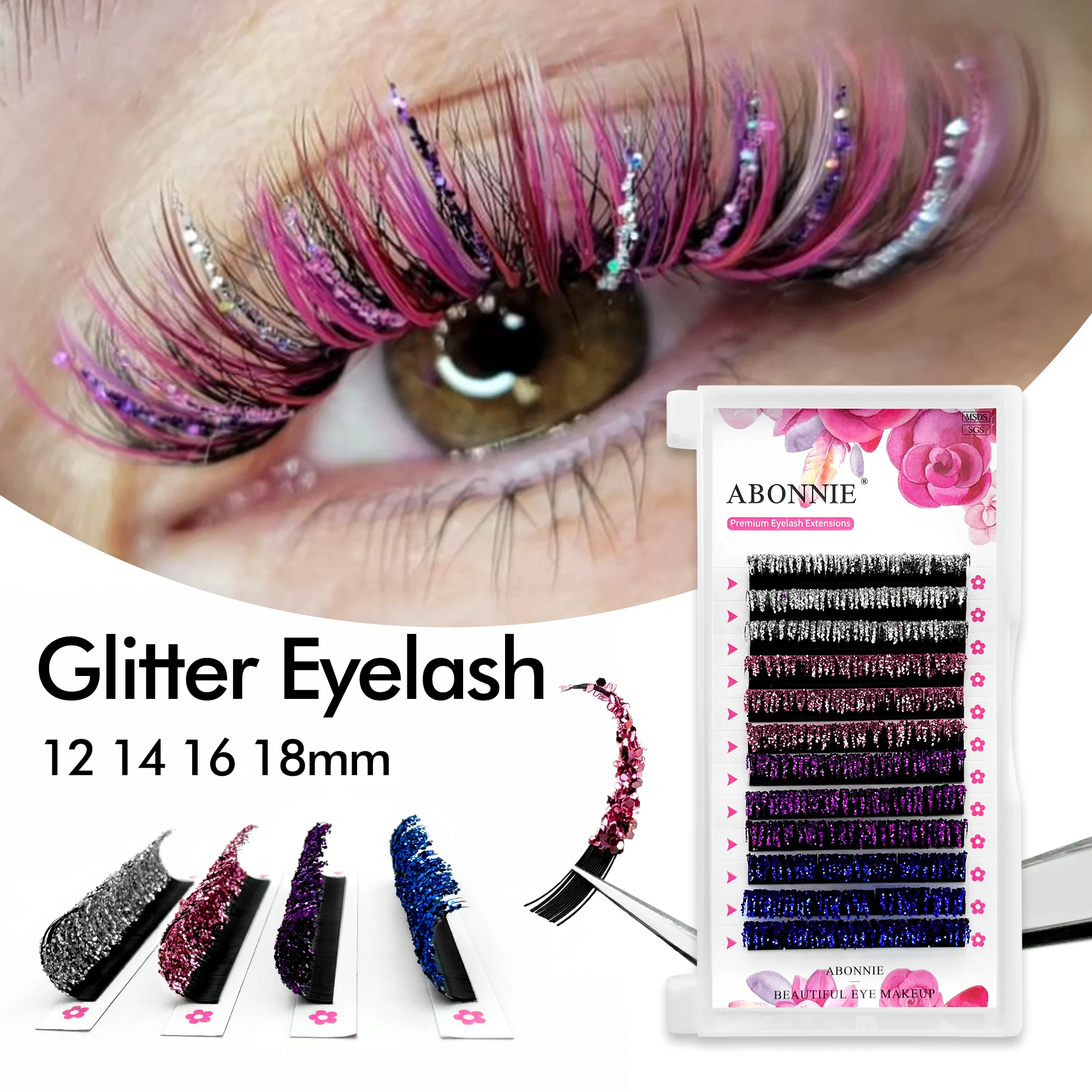 Фото Abonnie Glitter Colorful Eyelash Extensions 12-18mm Silver Pink Purple Blue Shine Color Eye Lashes Faux Mink Cilios №1