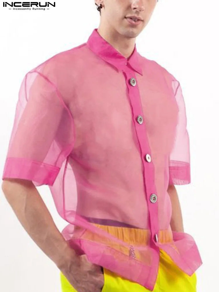 

Мужская сетчатая рубашка, прозрачная уличная одежда, однотонные пикантные рубашки с отложным воротником и коротким рукавом, на пуговицах, п...