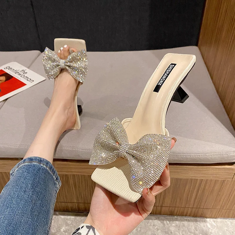 

Square heel Shoes For Girls Slippers Heels Luxury Slides Med Butterfly-Knot Jelly Flip Flops Block Lady High Designer Glitter Ru