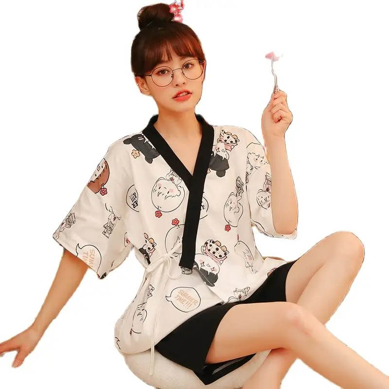 

Пижамный комплект Женский из чистого хлопка, мультяшная одежда для сна для девочек, кардиган с коротким рукавом и V-образным вырезом, домашн...