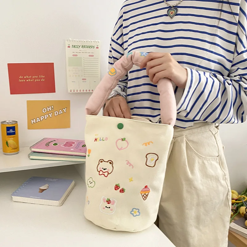 Женский плечо с мультяшным медведем на ланч-боксов сумки вышивкой школьная