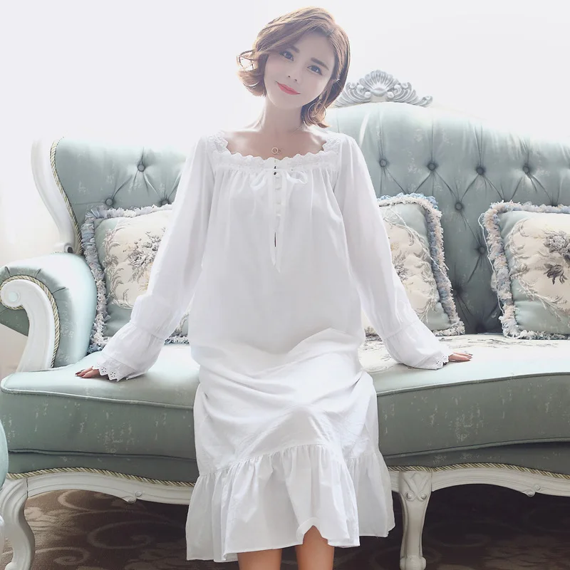 

Пижамы в стиле ретро корейский стиль Дворцовая Женская одежда для сна мягкая Осенняя хлопковая Милая длинная пикантная белая свободная ночная рубашка для принцессы