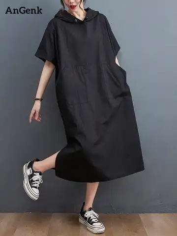 Black Vintage Oversized Dresses For Women New Hoode Short Sleeve Loose Casual Long Summer Dress Fashion Elegant Clothing 2022