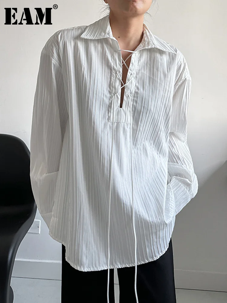 

[EAM] Women White Big Size Bandage Blouse New Round Neck Long Sleeve Loose Fit Shirt Fashion Tide Spring Autumn 2023 1DH1737