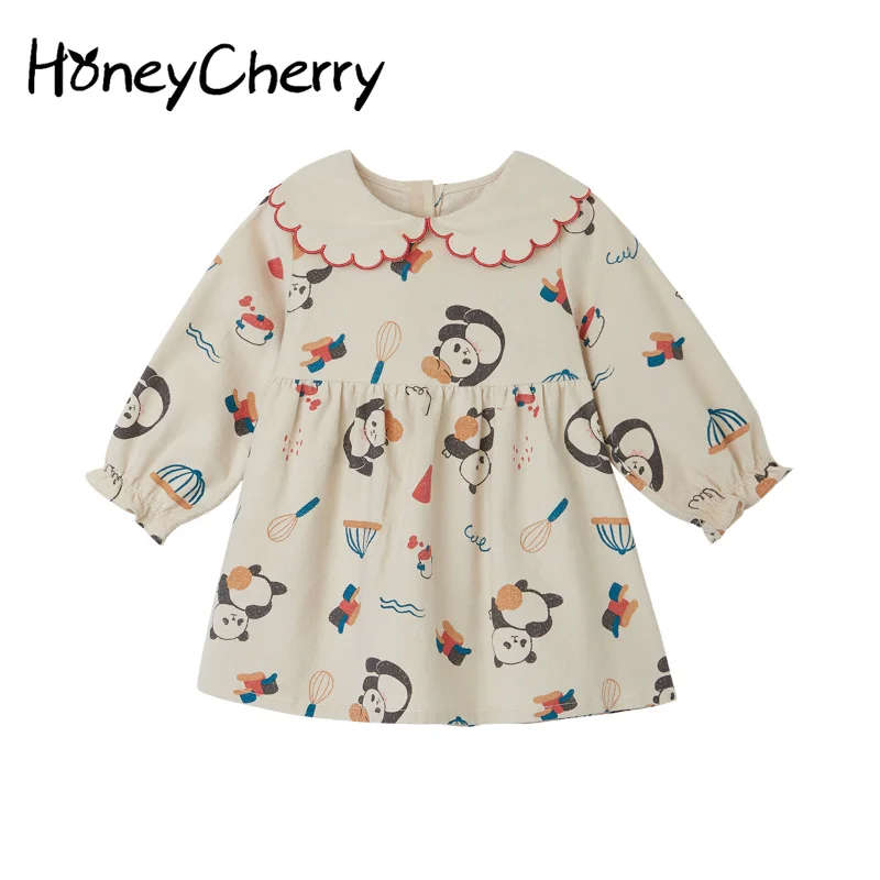 

HoneyCherry Autumn New Girls Cartoon Dress Long-sleeved Lace Lapel Corduroy Dress Flower Girl Dresses