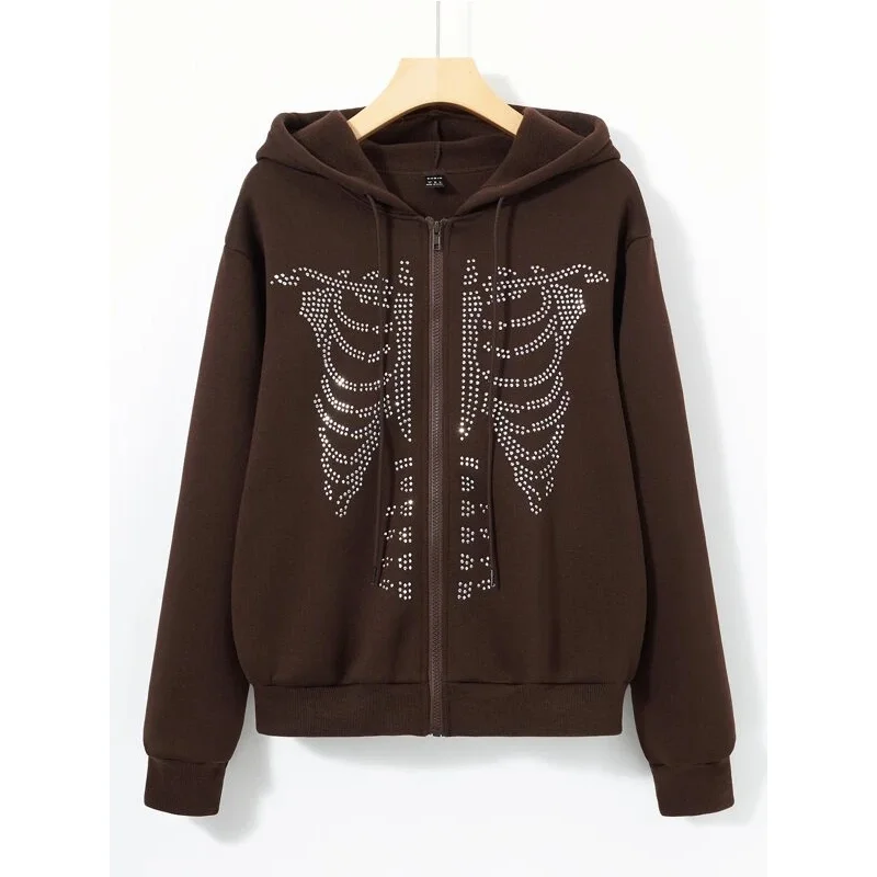 

Long Sleeve Rhinestone Skeleton zip up hoodie Sweatshirt y2k clothes harajuku Oversized Hooded Jacket Gothic Loose top Vintage