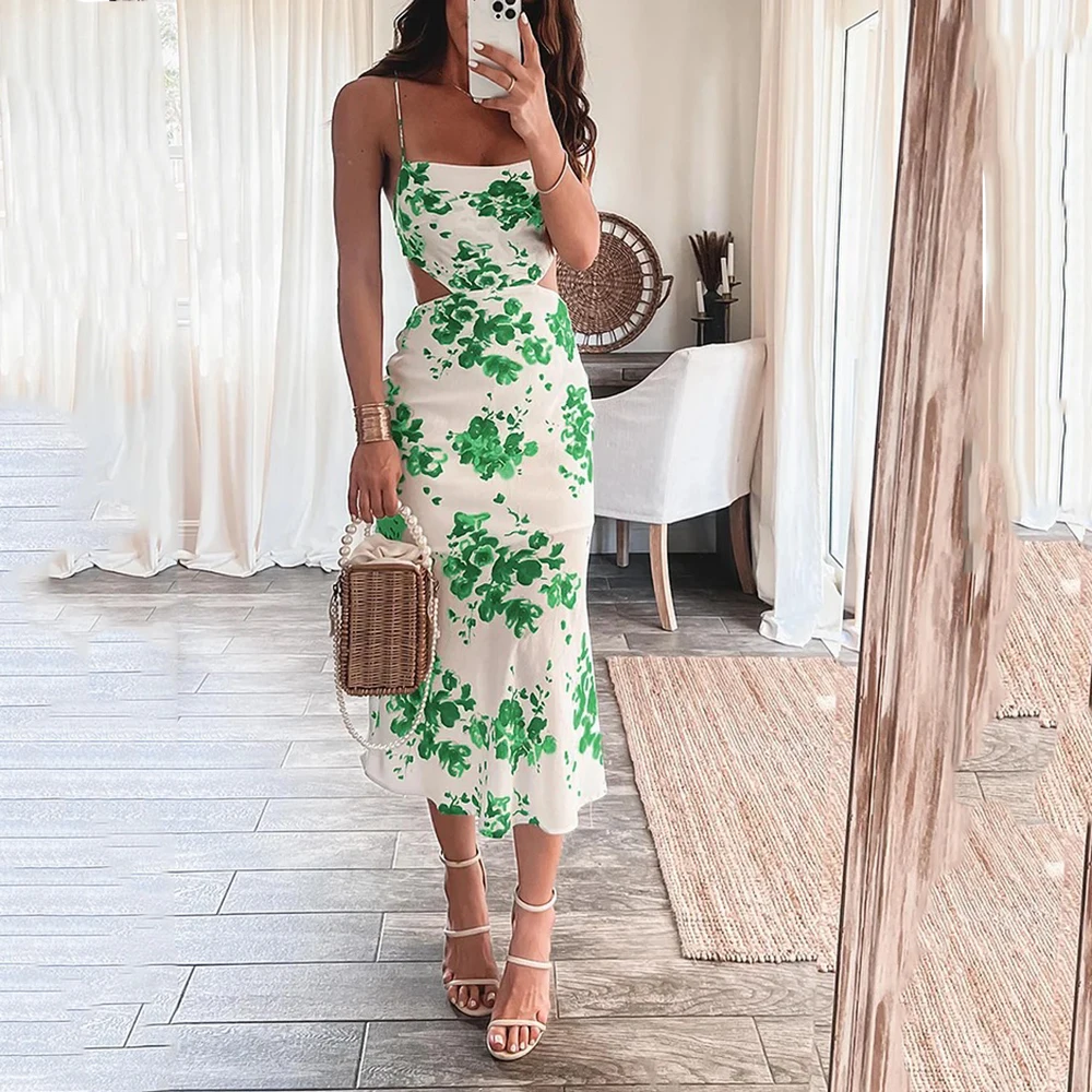 

BEACHBELE Women Dresses Summer 2023 Sexy Fashion Suspenders Printed Slim Bare Waist Backless Elegant Birthday Party Long Dress