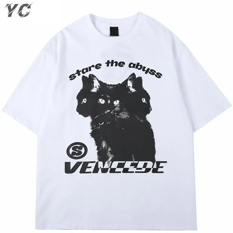 

Harajuku Y2k Mens T-Shirt Y2K Anime Cat Graphic Gothic Print Aesthetic Short Sleeve Cotton Tops Summer Korean Clothing Oversized