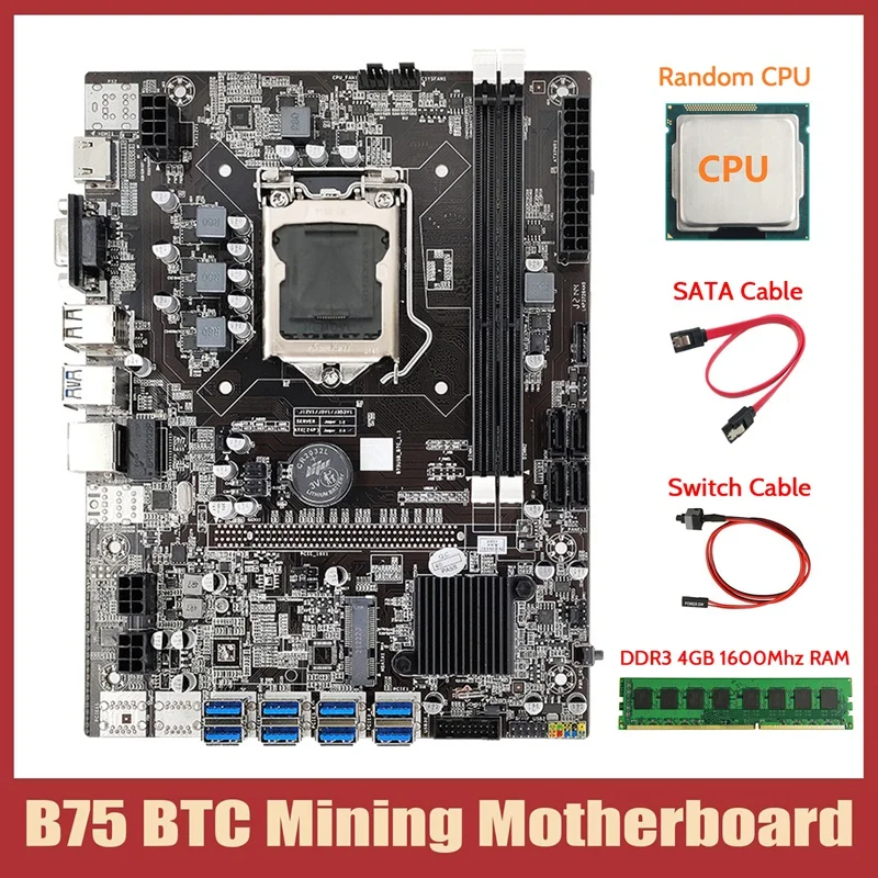 B75 ETH Mining Motherboard+CPU+DDR3 4GB 1600Mhz RAM+Switch Cable+SATA Cable 8XPCIE to USB DDR3 B75 BTC Miner Motherboard