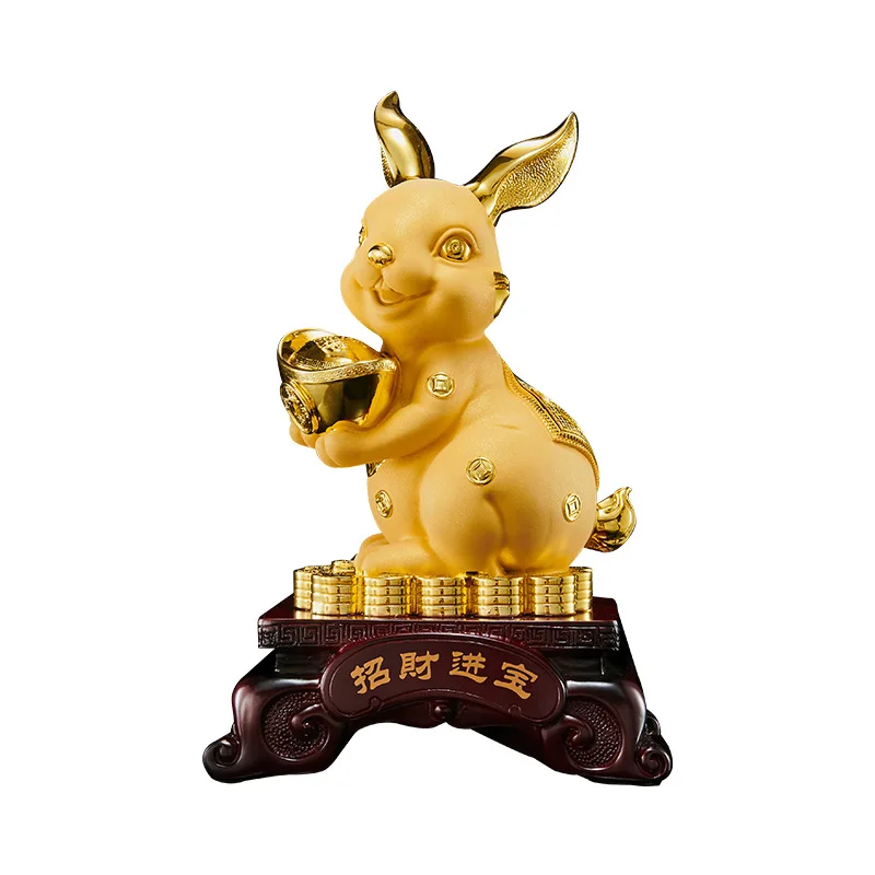 Feng shui Resin Golden rabbit Sculpture Chinese Home Decor Lucky Statue Office Figurines Gift Craft Ornament