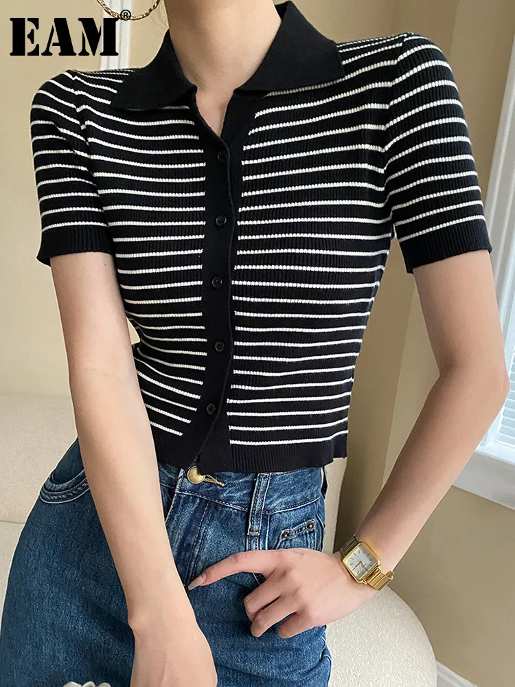 

[EAM] Black White Striped Slim Knitting Cardigan Sweater Lapel Short Sleeve Women New Fashion Tide Spring Summer 2023 1DF4192