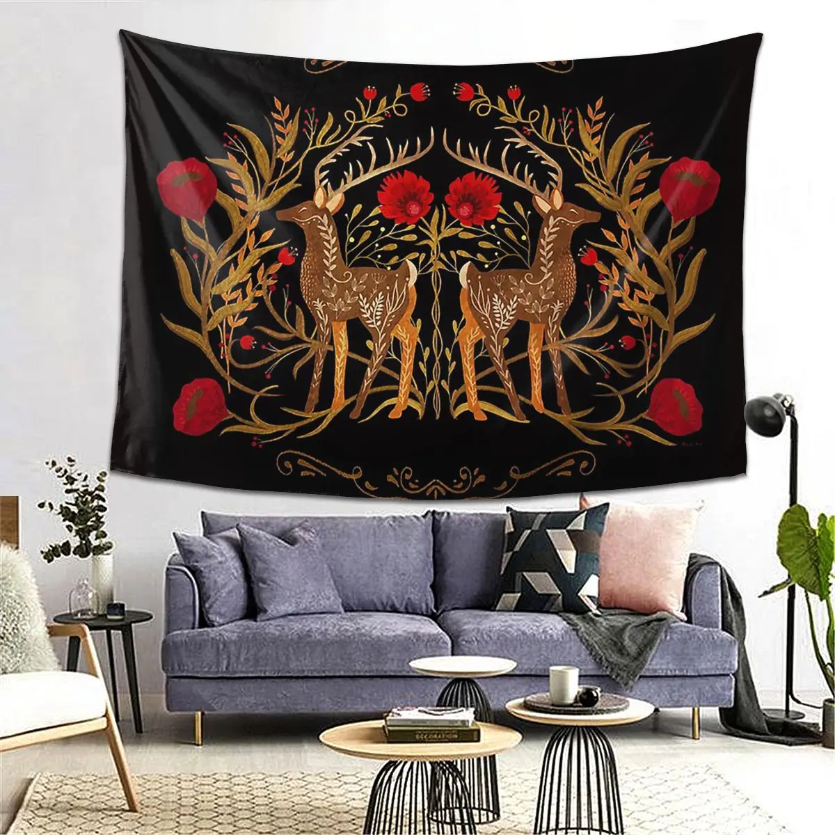 

Two Stags Protecting The Dark Forest Gate Tapestry Decoration Art Aesthetic Tapestries for Living Room Bedroom Home Wall Hanging