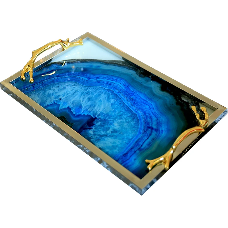 

Modern chic blue art glass serving tray agate pattern tray