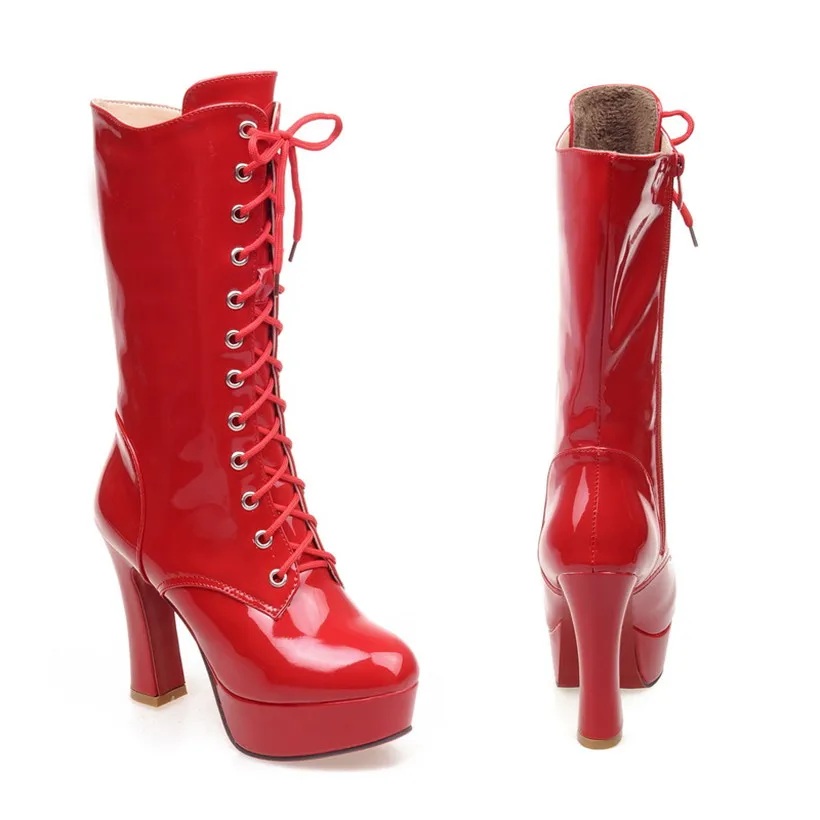 Winter Women Mid Calf Boots Platform Chunky High Heels Round Toe Red Patent Leather Plush Front Lace Zipper Lady Half Cane Boots