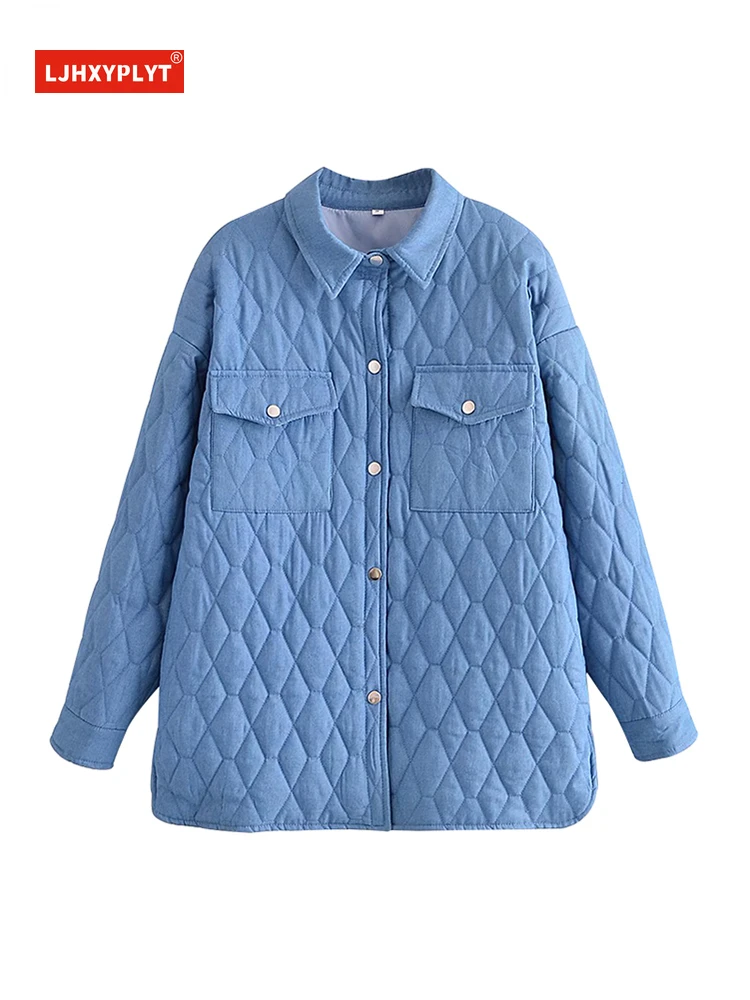 

Mid-length Rhombus Denim Cotton Shirt Women's Spring Autumn Parkas Clothes Vintage Blue Long Sleeve Thin Oversize Coat Female