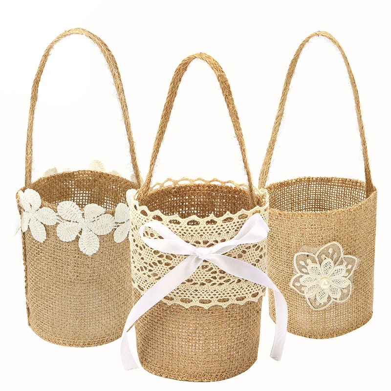 

Wedding Lace Burlap Flower Basket Linen Handle Vintage Rustic Wedding Ceremony Table Decoration Baby Shower Party Candy Gift Bag