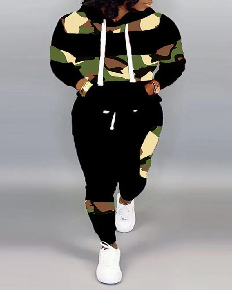 

.Winter Fashion Two-Piece Set Women's Camouflage Printed Long Sleeved Hooded T-Shirt Sweatpants Casual Loose Two-Piece Set Women