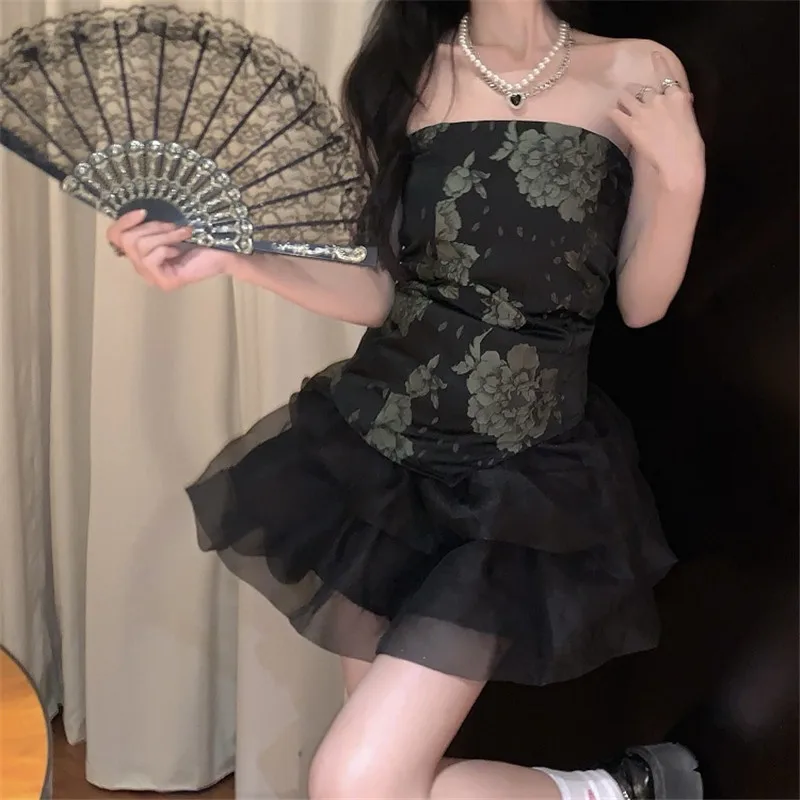 

Princess fashion 2 Piece 2022 Summer Cute Girl Sleeveless Floral Embroidered Tube Top+mini Ball Gown Mesh Tutu Skirt Lolita Sets