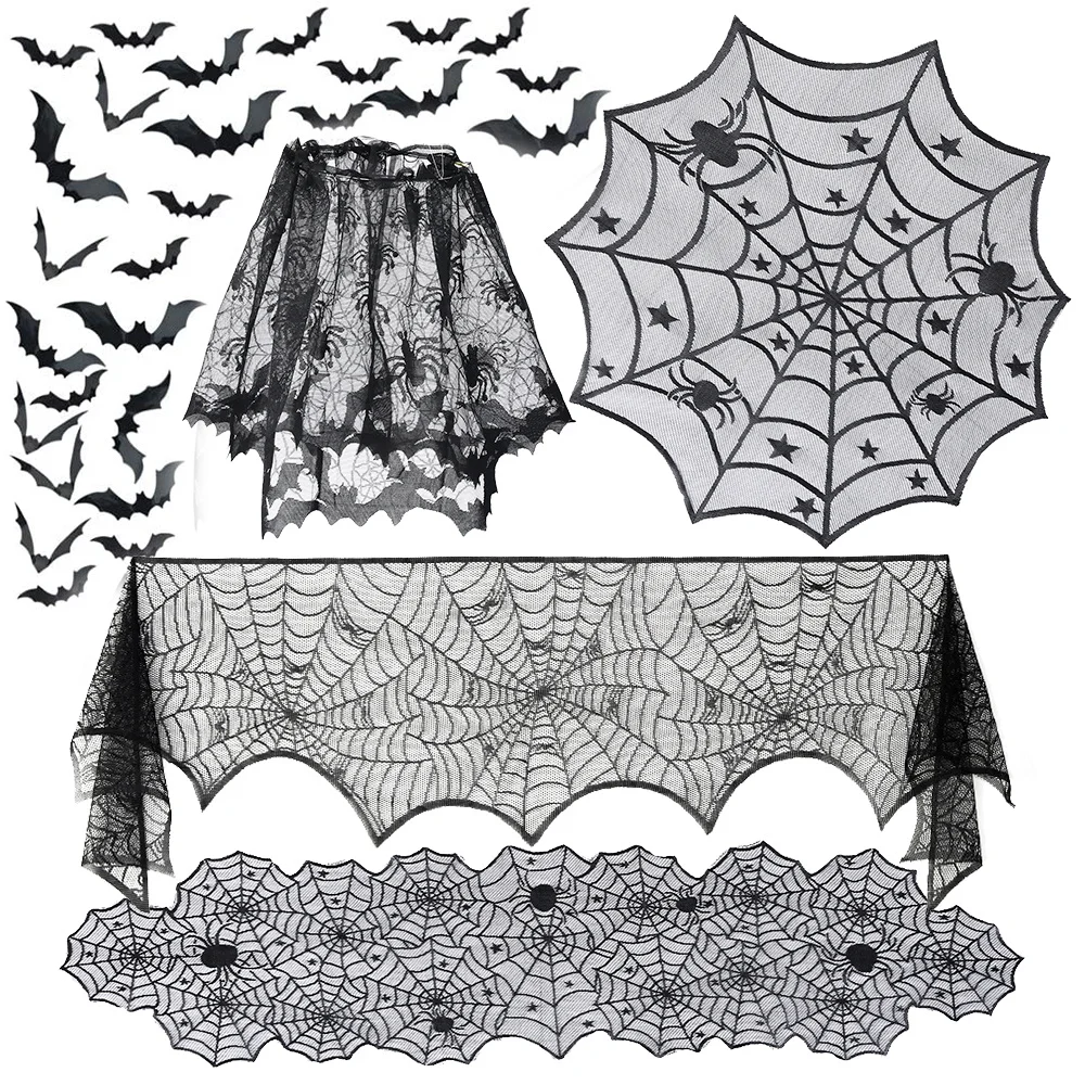 

Halloween Bat Table Runner Black Spider Web Lace Tablecloth Fireplace Curtain for Halloween Party Decoration Horror House Props