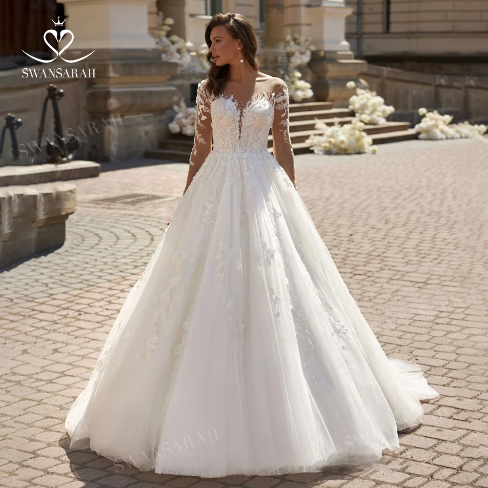 

Long Sleeve Wedding Dress 2023 Sweetheart A-Line Court Train Princess Bride Gown SwanSarah AS171 Plus Size Vestido De Novia