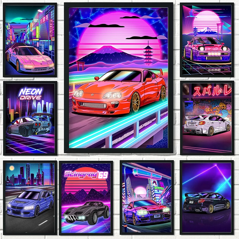 

Неоновый постер в стиле Токио для уличных гонок Nissan GTR Synthwave 80-х годов, украшение на стену, домашний декор, картина, кавайный декор комнаты, Хо...