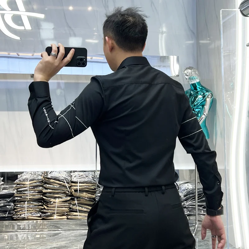 Мужская деловая рубашка с вышивкой черная или белая классическая большие