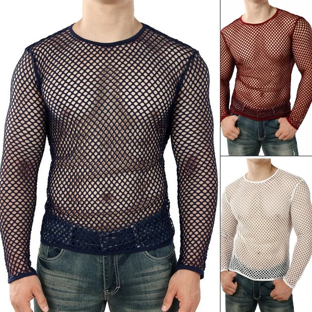 

Mens Transparent Sexy Mesh T Shirt New See Through Fishnet Long Sleeve Muscle Undershirts Nightclub Party Perform Top Tees