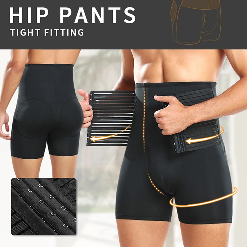 Men High Waist Trainer Shorts with Hooks Tummy Control Body Shaper Padded Boyshorts Butt Lifter Compression Abdomen Belly Shorts