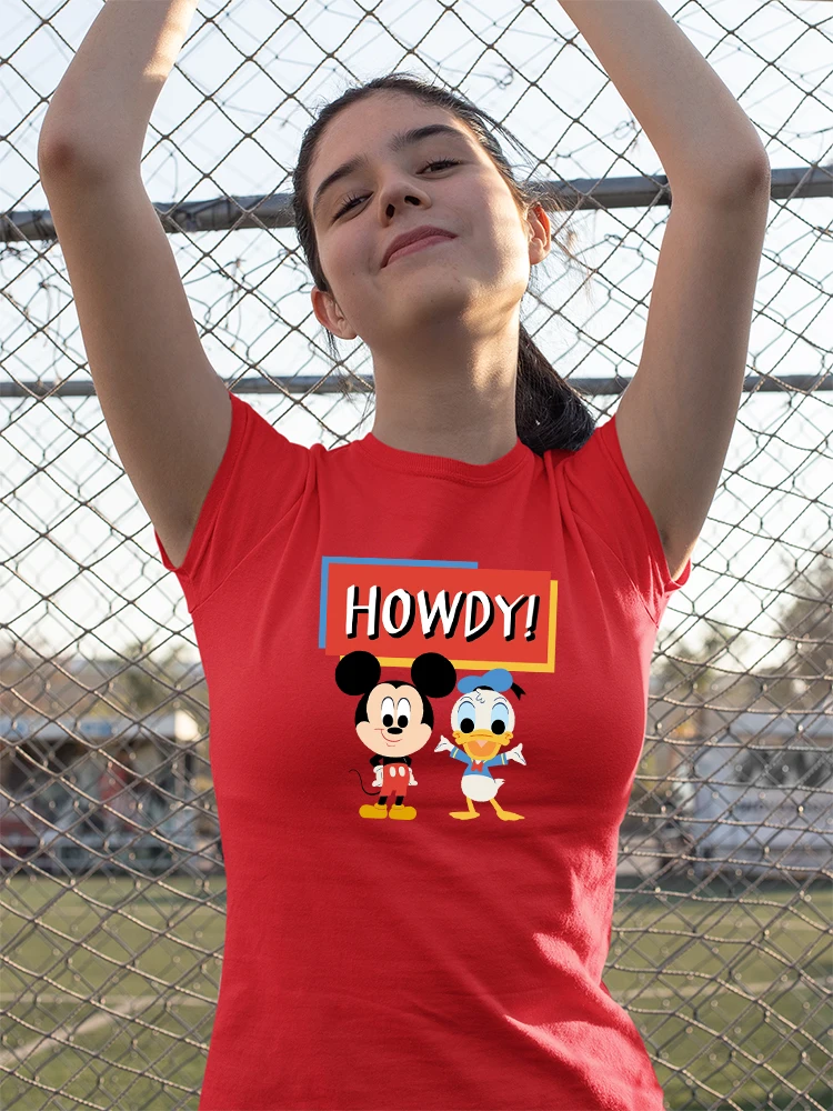 

Mickey Mouse Howdy Red Tshirt Women 2022 Disney Fashion Young Casual Cute Shirts for Teens Branded T Shirts Ropa Tumblr Mujer