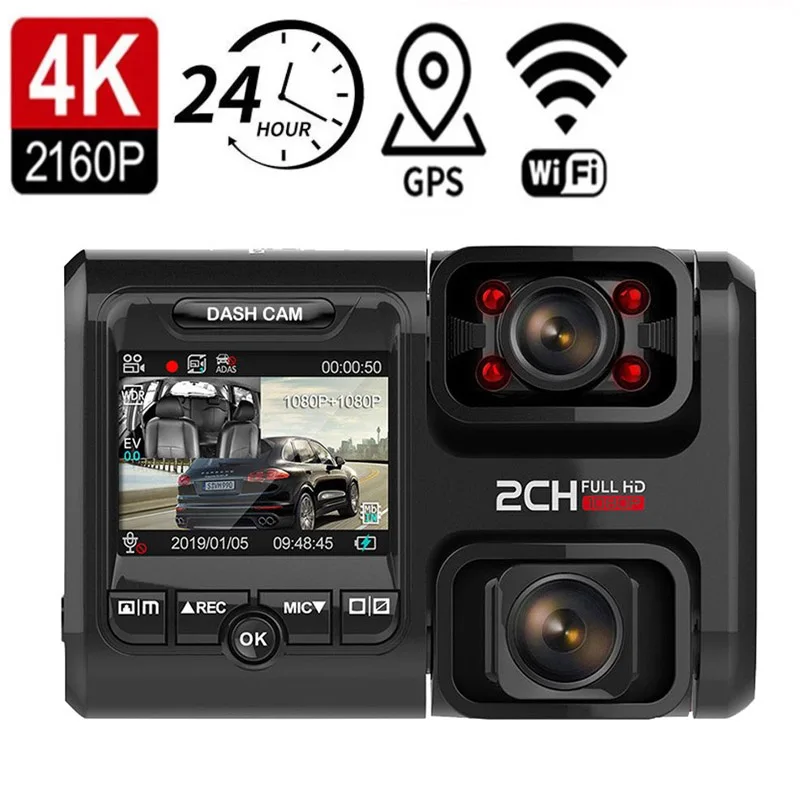 

Автомобильный видеорегистратор Full HD 4K 1080p, автомобильный мини-видеорегистратор с Wi-Fi, Автомобильный видеорегистратор с двумя объективами, передним и задним IPS экраном
