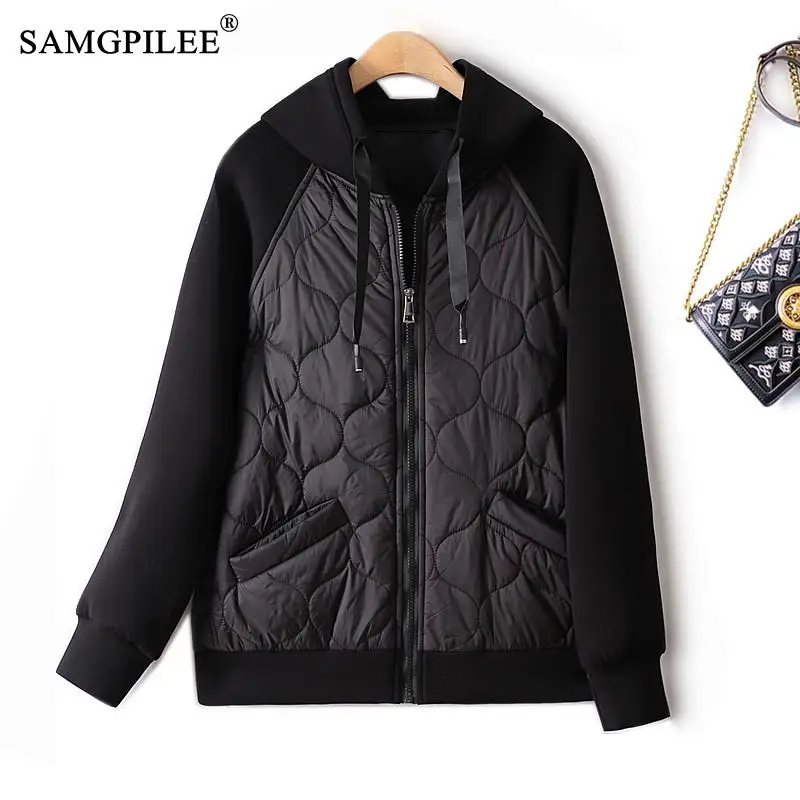 Coats Woman Winter 2022 Elegant European Fashion Cotton Quilted Hooded Full Sleeve Black Slim Lightweight Padded Jackets 4XL