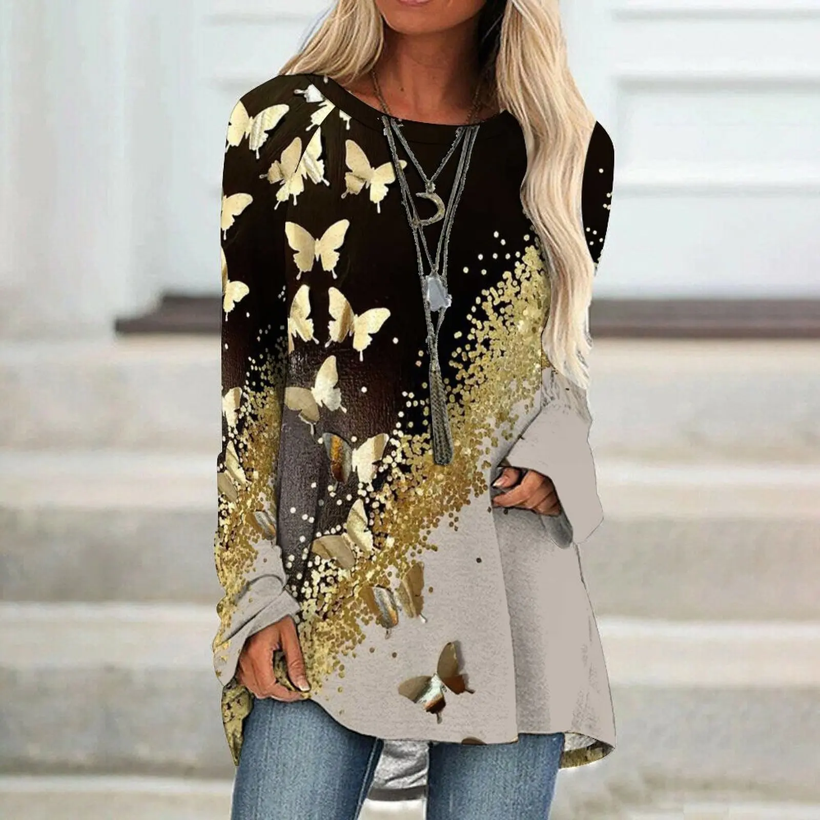 

New Foreign trade women's loose round neck digital printing butterfly and dragonfly series T-shirt long sleeve top