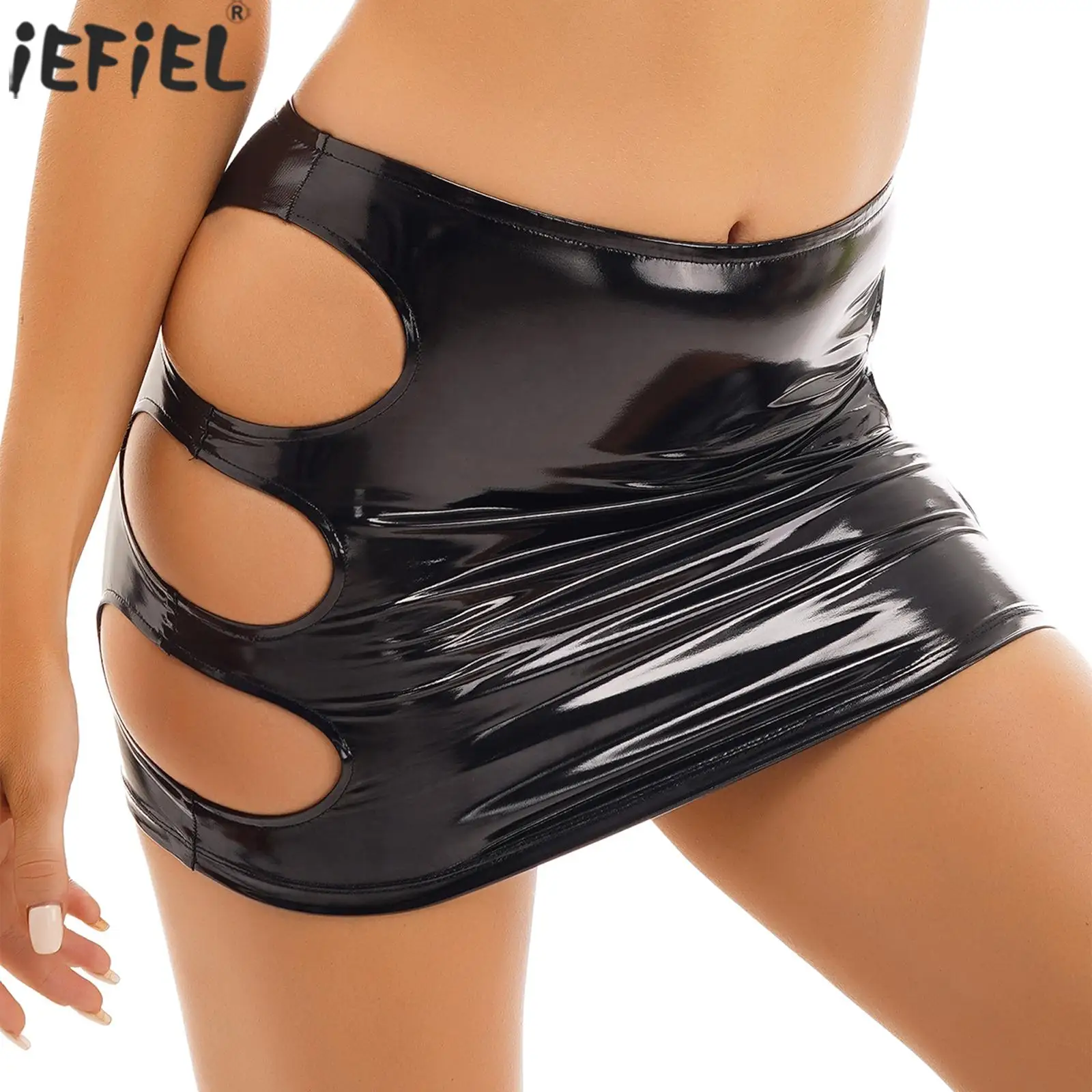 

Женская модная однотонная Глянцевая юбка-карандаш с вырезами по бокам, лакированная Кожаная Мини-юбка, клубная одежда