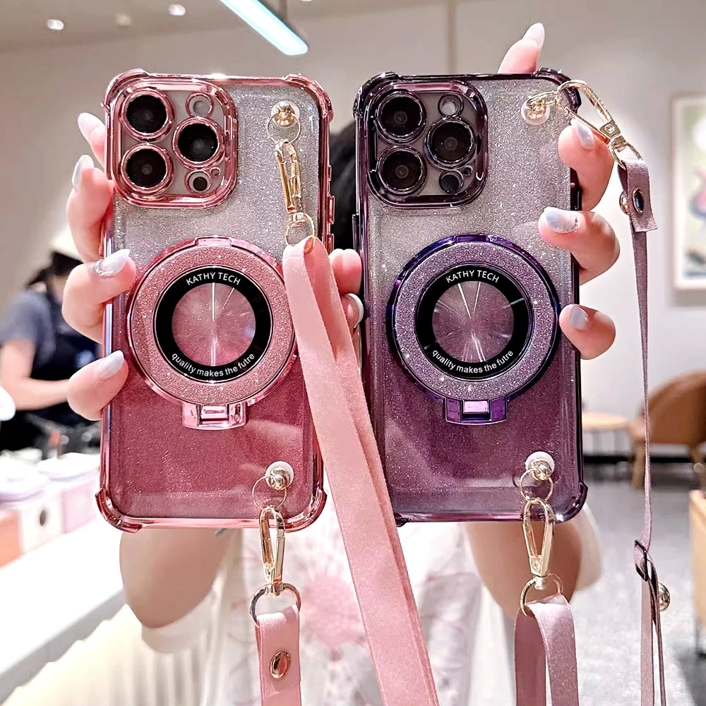 Shockproof Glitter Lanyard Case For OPPO A16 A16S A17 A15 A53 A5 A9 2020 A54S A53S Silicone Plating Phone Holder Bracket Cover