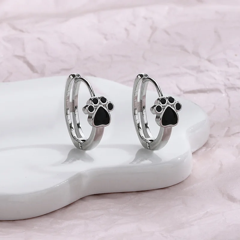 KOFSAC Hot Sale Fashion Ear Buckle Black Glue Cute Animal Cat Paw Hoop Earrings for Women Trendy 925 Silver Earring Jewelry Gift