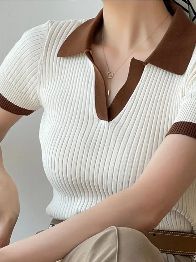 Женская Приталенная Футболка С Воротником-поло И Коротким Рукавом Повседневный