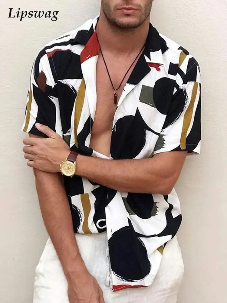 

Streetwear Men Fashion Pattern Printed Short Sleeve Shirts 2022 Summer Casual Turn-down Collar Button-up Shirt Mens Cardigan Top