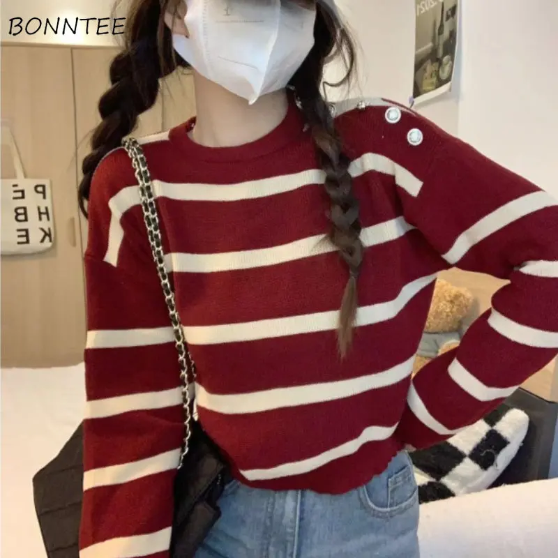 

Pullovers Women Striped O-neck Baggy Cropped Knitwear Panelled Korean Fashion Clothing Girlish Casual Harajuku High Street Cozy