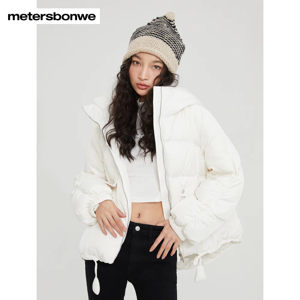 Metersbonwe Women's 22New Winter Arc Quilted Stand Collar Hooded Down Jacket Pure Color Short Loose Thick Warm Wear 80%Duck Down