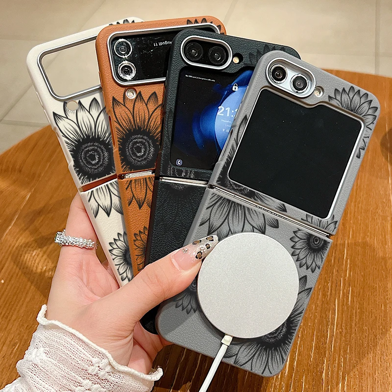 Чехол с рисунком подсолнуха для Samsung Galaxy Z Flip6 Flip5 Flip4 Flip3 магнитный чехол Magsafe