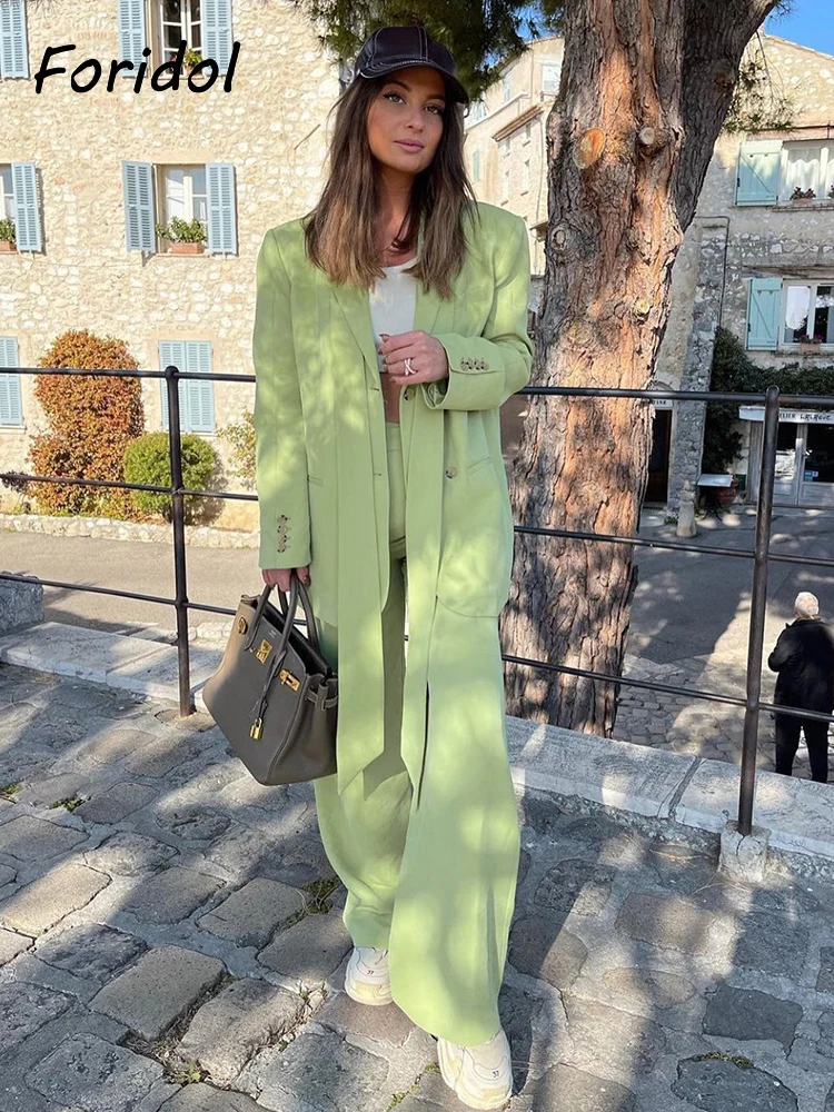 

Foridol Fashion Green Wide Leg Women Blazer Sets Belt Oversize Streerwear Pants Suits Office Casual Single Breasted Blazer 2022